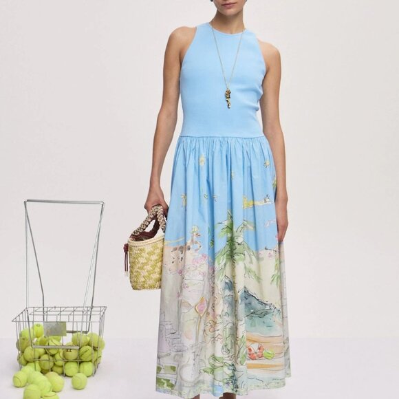 Light Blue Knit Patchwork Art Print Dress Light Blue Knit Patchwork Art Print Dr - Picture 1 of 10